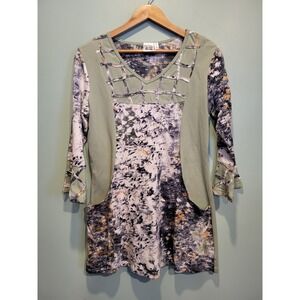 Parsley And Sage Green Blue Artsy 3/4 Bell Sleeve Tunic Top Pockets Sz S